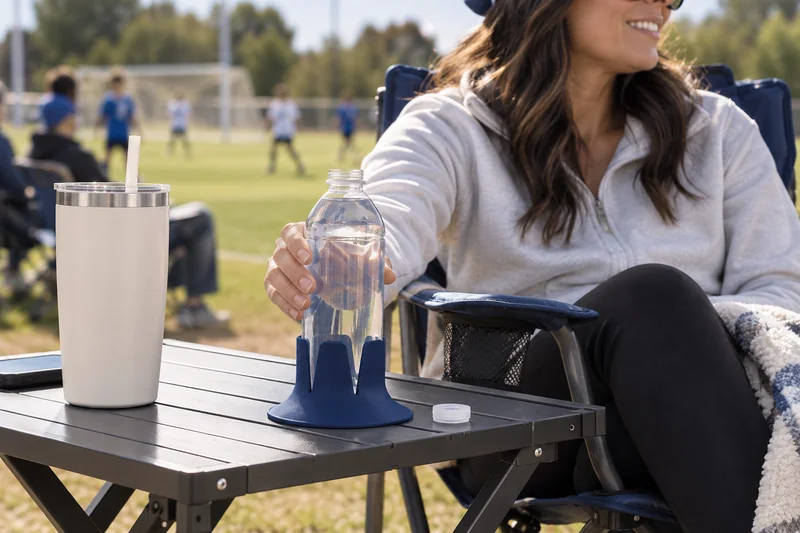Adult spectator seated in folding sports chair outside field boundary water on wide stable portable side table. AI lifestyle illustration.