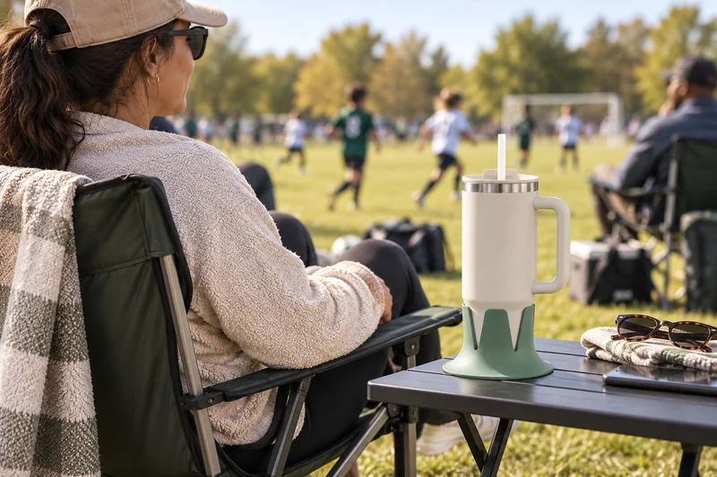 Parent watching distant youth soccer from chair straw tumbler on stable separate table clear of walking lane. AI lifestyle illustration.