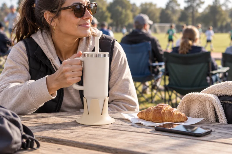 Early morning adult spectator seated at broad picnic table by sports chairs coffee near hand. AI lifestyle illustration.