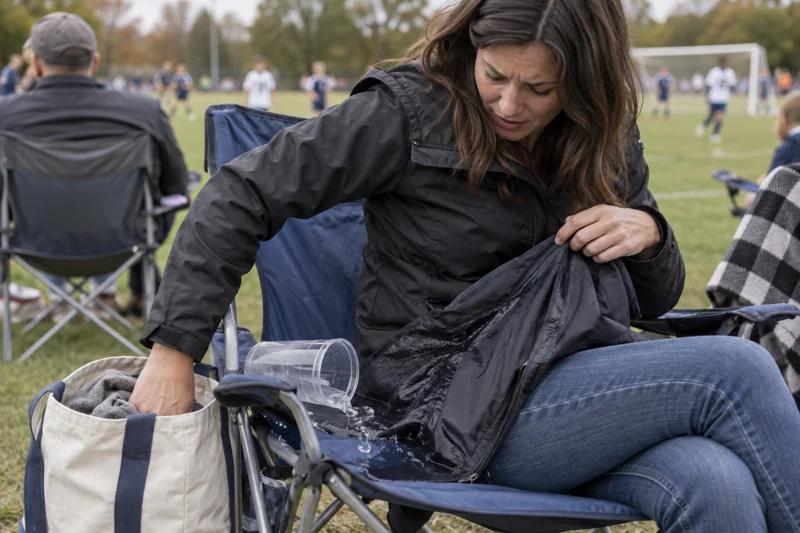 Reaching into chair-side tote knocks water; it wets chair seat and jacket. AI illustration.
